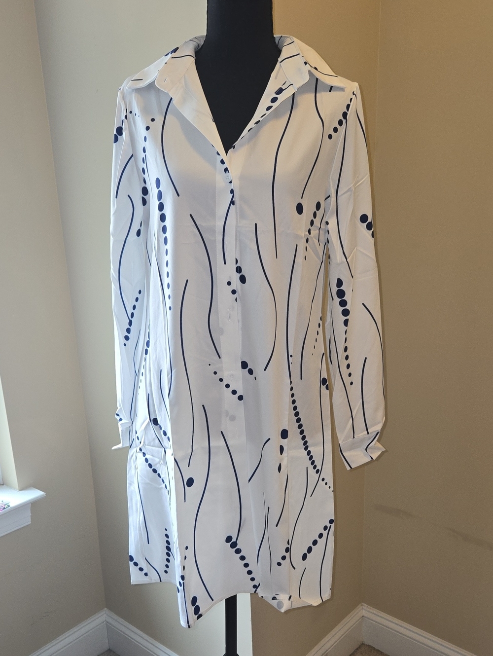 SHEIN White Button-Up Shirt Dress with Navy Wave Print